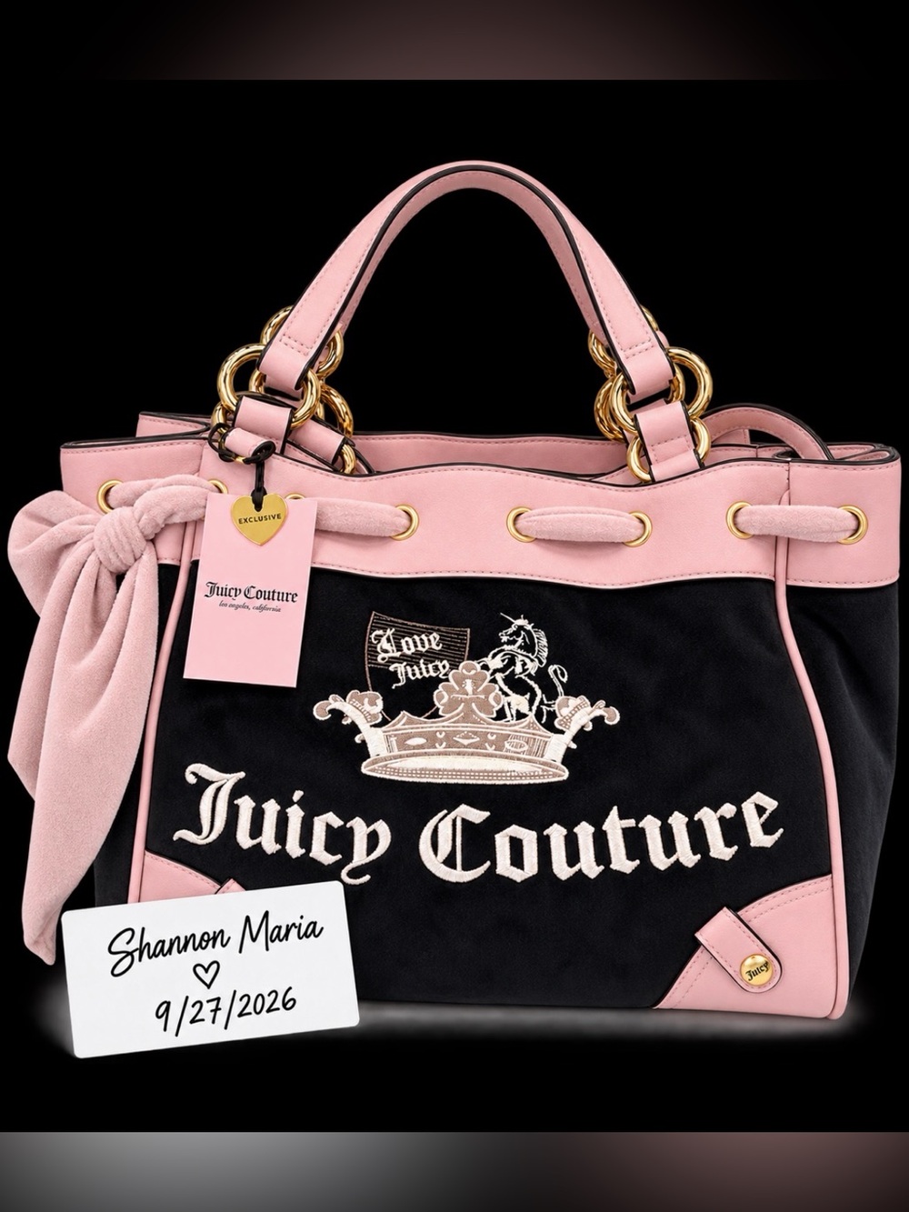 NWT Juicy Couture Black Pink Crown Tote Bag Love Juicy Y2K Exclusive